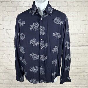 Politix Friday Night Shirt Navy Blue Paisley Long Sleeve Button Up Shirt Men’s S